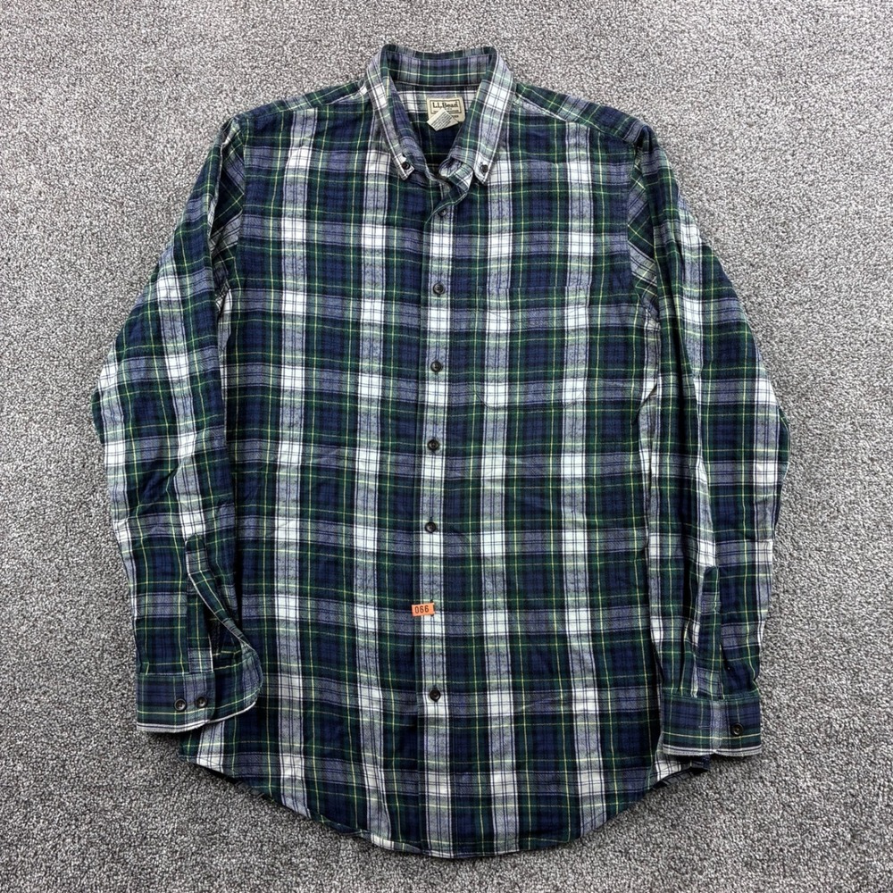 L.L. Bean Flannel Shirt Mens M Tall Green Cotton Plaid Slightly Fitted 298168
